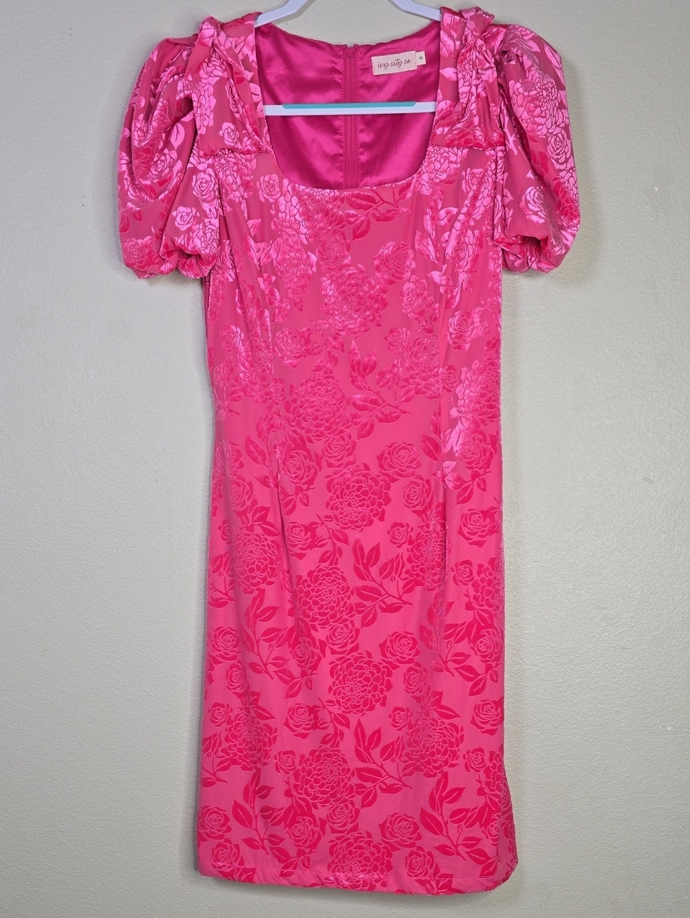 Ivy City Hot Pink Floral Velvet Burnout Puff Sleeve Dress Square Neckline Size 6